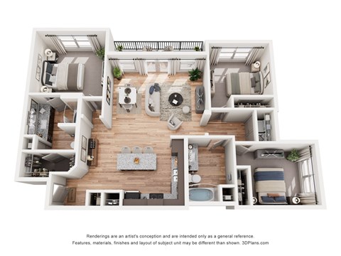 Floor plan for 3 beds, 2 baths, 1250 sqft